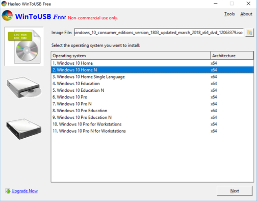 Screenshot of the Windows edition selection in Win-To-USB